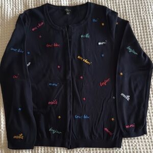 Talbots French Words Embroidered Navy Blue Cardigan